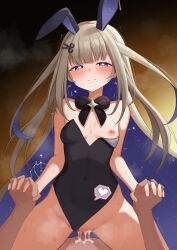 1boy 1girl absurdly_long_hair after_vaginal amanogawa_shiina animal_ears black_bow black_bowtie black_leotard blonde_hair blue_eyes blush bow bowtie breasts censored clothed_sex clothing_aside colored_inner_hair commission covered_navel cowgirl_position cum cum_in_pussy cum_on_body cum_overflow earrings emoto_shikeko girl_on_top happy_sex heart heart-shaped_pupils hetero highleg highleg_leotard highres holding_hands interlocked_fingers jewelry leotard leotard_aside leotard_pull long_hair looking_at_viewer mosaic_censoring motion_lines multicolored_hair nipples one_breast_out penis phase_connect playboy_bunny pov purple_hair pussy rabbit_ears scissors_hair_ornament second-party_source sex small_breasts solo_focus star_(symbol) star_earrings starry_hair straddling strapless strapless_leotard sweat symbol-shaped_pupils vaginal very_long_hair virtual_youtuber