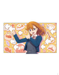 1girl artbook blue_jacket cup dress egg egg_(food) food fried_egg grey_dress hair_between_eyes highres instrument jacket long_hair long_sleeves looking_at_viewer love_live! love_live!_superstar!! musical_note neck_ribbon non-web_source official_art open_clothes open_jacket open_mouth orange_hair pinafore_dress purple_eyes red_ribbon ribbon school_uniform shibuya_kanon shirt sleeveless sleeveless_dress smile solo star_(symbol) upper_body winter_uniform yuigaoka_school_uniform