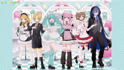 Rule 34 | 2boys, 4girls, ;d, ahoge, apron, aqua eyes, aqua hair, artist name, balloon, bebe (bebe pp), black dress, black jacket, black leg warmers, black pants, black shoes, black shorts, blonde hair, blue eyes, blue hair, blue necktie, blush, bow, breasts, brown eyes, brown hair, closed mouth, commentary request, copyright notice, dress, four-finger heart hands, frilled thighhighs, frills, full body, gloves, green bow, green dress, green leg warmers, grey vest, grin, hair between eyes, hair bow, hatsune miku, heart, heart balloon, heart hands, highres, holding, holding menu, holding stuffed toy, hood, hood up, hooded jacket, jacket, kagamine len, kagamine rin, kaito (vocaloid), leg up, leg warmers, logo, long hair, looking at viewer, maid headdress, medium hair, megurine luka, meiko (vocaloid), menu, multiple boys, multiple girls, necktie, official art, one eye closed, open mouth, pants, pink dress, plant, potted plant, puffy short sleeves, puffy sleeves, second-party source, shelf, shirt, shoes, short sleeves, shorts, smile, spring onion, stuffed animal, stuffed toy, suit jacket, teddy bear, teeth, thighhighs, tile floor, tiles, twintails, vest, vocaloid, white apron, white bow, white gloves, white shirt, white thighhighs, yellow necktie