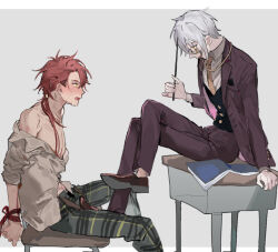 2boys arm_support bare_shoulders bdsm black_pants blush bound bound_wrists chair collared_shirt crossed_legs desk formal_clothes from_side grey_background grey_hair hair_between_eyes low_ponytail mahoutsukai_no_yakusoku male_focus multiple_boys necktie off_shoulder on_chair on_desk open_clothes pants partially_unbuttoned plaid_clothes plaid_pants ponytail qyzhiaiyisheng red_hair school_desk shirt short_hair simple_background sitting unbuttoned vest