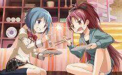 2girls anger_vein antenna_hair arm_on_knee artist_request back_bow bare_legs barefoot black_bow black_shirt black_skirt black_socks blue_eyes blue_hair blue_shorts book book_stack bow bowtie chopsticks clenched_teeth collarbone collared_shirt couch crossed_ankles crumbs denim denim_shorts dot_nose eye_contact fang feet_out_of_frame fighting fingernails flower_pot food fork fur-trimmed_shorts fur_trim game_cg green_jacket hair_bow high_collar highres holding holding_chopsticks holding_fork holding_plate hood hood_down hooded_jacket indoors jacket jewelry juliet_sleeves knee_up kneehighs kneeling lace lace-trimmed_shirt lace-trimmed_sleeves lace_trim light_blush living_room long_hair long_sleeves looking_at_another mahou_shoujo_madoka_magica mahou_shoujo_madoka_magica_magia_exedra miki_sayaka miniskirt mitakihara_school_uniform multiple_girls no_shoes official_art open_mouth parted_bangs pasta plaid_clothes plaid_skirt plate pleated_skirt pocket pointing pointing_at_another ponytail puffy_sleeves red_bow red_bowtie red_eyes red_hair ring sakura_kyoko school_uniform shell shirt short_hair shorts sitting skirt socks spaghetti tareme teeth third-party_source tomato_sauce tsurime v-shaped_eyebrows very_long_hair white_sleeve_cuffs yellow_bow yellow_shirt