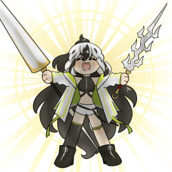 1girl ^_^ asymmetrical_legwear belt black_hair chibi chibi_only closed_eyes crop_top fate/grand_order fate_(series) full_body grin highres holding holding_polearm holding_weapon jacket lilacautomatic long_hair multicolored_hair nagao_kagetora_(fate) o-ring o-ring_belt open_clothes open_jacket open_mouth polearm shorts smile solo striped_clothes striped_jacket striped_strap thigh_strap two-tone_hair uesugi_kenshin_(fate) very_long_hair weapon white_hair zipper_footwear
