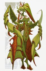 Rule 34 | 1girl, animal feet, colored inner hair, commentary, dress, full body, green dress, green hair, grey background, hands on own hips, highres, holding, holding polearm, holding weapon, hooves, long hair, looking at viewer, monster girl, multicolored hair, original, pelvic curtain, polearm, ponytail, red hair, ruteko (ruko220), solo, standing, very long hair, weapon