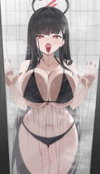 1girl absurdres against_glass bare_shoulders black_hair blue_archive blunt_bangs breast_press breasts breasts_on_glass commentary hair_ornament hairclip halo hand_on_glass highres large_breasts licking long_hair n3ow navel open_mouth red_eyes ringed_eyes rio_(blue_archive) saliva solo symbol-only_commentary teeth tongue tongue_out variant_set very_long_hair