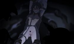 1girl 2boys absurdres blurry blurry_background blush boots bound bound_arms breasts brown_eyes brown_hair cave cloth_gag collar cowboy_shot dark-skinned_female dark_skin earrings elf female_focus female_pubic_hair gag gagged highres imminent_rape improvised_gag jewelry leash long_hair long_nose long_pointy_ears looking_at_another medium_breasts multiple_boys navel nipples nude number_tag original pointy_ears pubic_hair pussy shiny_skin shirami silhouette slave stake tag tears thigh_boots tied_to_stake tongue tongue_out uncensored