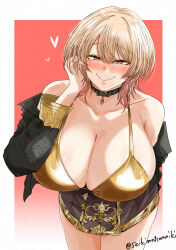 1girl adjusting_hair bare_shoulders bikini black_choker blonde_hair blush breasts choker cleavage fang gold_bikini gradient_hair highres huge_breasts long_sleeves looking_at_viewer medium_hair multicolored_hair nijisanji nui_sociere nui_sociere_(10th_costume) off_shoulder pink_hair sei_no_ji skin_fang solo swimsuit virtual_youtuber yellow_eyes