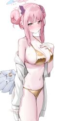 1girl :/ absurdres alternate_costume bikini blue_archive blunt_bangs blush breasts bright_pupils donut_hair_bun double_bun feathered_wings furrowed_brow gold_bikini groin hair_bun halo hand_on_own_chest highres jacket jacket_partially_removed large_breasts looking_at_viewer mika_(blue_archive) navel nephthys2356 pink_hair sidelocks simple_background solo stomach sweat swimsuit thighs white_background white_jacket white_pupils white_wings wings yellow_eyes