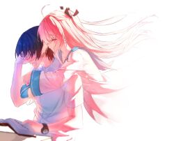 1boy 1girl ahoge atri atri-my_dear_moments- black_hair book closed_eyes comforting crying dress hair_between_eyes hand_on_own_face highres holding holding_book hug ikaruga_natsuki long_hair sailor_collar simple_background sitting very_long_hair watch white_dress white_hair white_sailor_collar wristwatch ze_ping45283