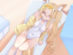 1girl adjusting_eyewear animal_ear_fluff animal_ears bare_legs bare_shoulders blonde_hair blue_archive breasts chair closed_mouth covered_navel diamond_cutout extra_ears eyes_visible_through_hair feet_out_of_frame fox_ears fox_girl fox_tail from_above gluteal_fold groin half-closed_eyes hand_on_eyewear hand_up highleg highleg_one-piece_swimsuit highres jacket kuroyamii loli long_hair long_sleeves looking_at_viewer lounge_chair no_halo off_shoulder official_alternate_costume official_alternate_hairstyle one-piece_swimsuit orange-tinted_eyewear orange_eyes seia_(blue_archive) seia_(swimsuit)_(blue_archive) side_ponytail sitting small_breasts solo split_mouth sunglasses swimsuit tail thighs tinted_eyewear very_long_hair visor_cap white_one-piece_swimsuit yellow_jacket yellow_visor