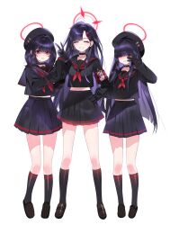 3girls absurdres armband beret black_choker black_gloves black_hair black_hat black_sailor_collar black_serafuku black_shoes black_socks blue_archive choker closed_eyes commentary_request full_body gloves grin h2b_h2b hair_ornament hair_over_eyes hairclip halo hat highres ichika_(blue_archive) justice_task_force_member_(blue_archive) kneehighs long_bangs long_hair long_sleeves looking_at_viewer midriff_peek multiple_girls neckerchief pleated_skirt red_armband red_eyes red_halo red_neckerchief sailor_collar school_uniform serafuku shoes simple_background skirt smile socks w white_background