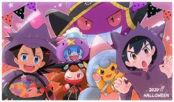 2boys ash_ketchum banette black_hair blue_eyes blush bow brown_eyes brown_hair candy claw_pose clothed_pokemon commentary_request cosplay creatures_(company) dated drifloon drifloon_(cosplay) eyelashes fang food game_freak gen_1_pokemon gen_3_pokemon gen_4_pokemon gen_8_pokemon gengar gengar_(cosplay) goh_(pokemon) halloween halloween_bucket hattrem hattrem_(cosplay) hood hood_up ichi_(pikapikapocket) long_sleeves looking_at_viewer male_focus mega_banette mega_banette_(cosplay) mega_pokemon mismagius mismagius_(cosplay) multiple_boys nintendo open_mouth orange_bow pikachu pokemon pokemon_(anime) pokemon_journeys raboot smile sobble star_(symbol) teeth tongue