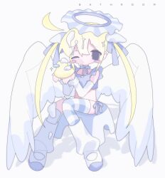 1girl absurdres bad_id bad_twitter_id bath_stool bikini blonde_hair blue_bikini blue_eyes blue_halo blue_ribbon blush_stickers feathered_wings flat_chest fpwrs full_body hair_between_eyes halo hands_up highres holding long_hair loose_socks navel one_eye_closed original ribbon rubber_duck shoes single_thighhigh sitting soap_bubbles socks solo stool striped_clothes striped_thighhighs swimsuit thighhighs twintails white_shoes white_wings wings