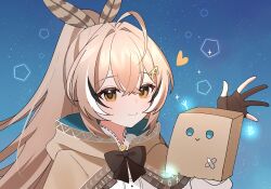 1girl ahoge blush brown_capelet brown_cloak brown_eyes brown_hair capelet cloak feather_hair_ornament feathers friend_(nanashi_mumei) gloves hair_ornament hairclip hana20000920 heart hexagon highres hololive hololive_english hood hooded_cloak long_hair looking_at_viewer multicolored_hair nanashi_mumei nanashi_mumei_(1st_costume) partially_fingerless_gloves ponytail ribbon second-party_source shirt sky smile star_(sky) starry_sky streaked_hair very_long_hair virtual_youtuber waving white_shirt