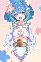 1girl bare_shoulders bikini blue_hair blush bow breasts cake cake_slice clothing_cutout commission detached_collar detached_sleeves elbow_gloves fang flower food frilled_bikini frills gloves hair_bow hair_flower hair_ornament heart_cutout highres large_breasts looking_at_viewer medium_hair noyama_takenoko original pixiv_commission plate red_eyes solo swimsuit white_gloves