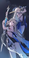 2girls absurdres bare_shoulders black_dress blonde_hair blue_eyes breasts cartethyia_(wuthering_waves) commentary crown_of_thorns dress dual_persona earrings fleurdelys_(wuthering_waves) floating_earrings highres holding holding_sword holding_weapon honey_boba jewelry large_breasts long_hair looking_at_viewer multiple_girls parted_lips pointy_ears short_dress sidelocks small_breasts sword tabard tacet_mark_(wuthering_waves) thighs very_long_hair weapon white_tabard wuthering_waves