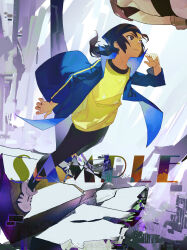 Rule 34 | 1boy, black eyes, black pants, blue jacket, di yingli bu anmian zhen, digimon, digimon frontier, full body, highres, jacket, long hair, long sleeves, looking ahead, male focus, minamoto kouji, pants, ponytail, sample watermark, shirt, shoes, sneakers, solo, watermark, white shoes, yellow shirt