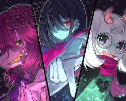1boy 1girl 1other animal_ears black_eyes blue_hair blue_skin colored_sclera colored_skin colored_teeth commentary_request deltarune fangs glasses gloves goat_boy goat_ears green-framed_eyewear hair_over_one_eye horns kris_(deltarune) medium_hair outstretched_arm pink_horns pink_scarf pointing purple_hair ralsei red_eyes reptile_girl round_eyewear scarf sharp_teeth skin_fangs susie_(deltarune) teeth thealla1024 watermark white_fur white_gloves yellow_sclera yellow_teeth