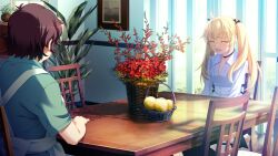 2girls ahoge apron arm_on_table back_bow black_choker black_pantyhose blonde_hair bow breasts brown_hair choker collarbone collared_shirt eyeliner facing_another fang flower flower_basket food fruit fruit_basket game_cg green_shirt grisaia_(series) grisaia_no_kajitsu hair_ribbon heart heart_choker indoors lemon long_hair long_sleeves makeup matsushima_michiru multiple_girls non-web_source on_chair open_mouth painting_(object) pantyhose plant potted_plant red_eyeliner red_flower red_skirt ribbon shirt short_hair sitting skirt smile table twintails variant_set watanabe_akio white_apron white_bow white_shirt window wooden_chair wooden_table