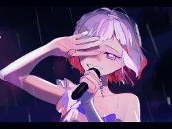 1girl arm_up braid collarbone colored_inner_hair commentary_request dress grey_hair grin hand_over_eye letterboxed link!_like!_love_live! love_live! multicolored_hair official_alternate_costume pipi_(m1x_mix) portrait rain red_eyes red_hair short_hair side_braid single-shoulder_dress single_bare_shoulder smile solo streaked_hair tsubasa_la_liberte virtual_youtuber yugiri_tsuzuri