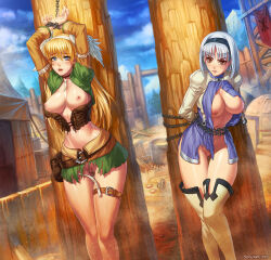 Rule 34 | 2girls, albino, arms behind back, arms up, bdsm, belt, belt pouch, blanc neige, blonde hair, blue eyes, bondage, bound, bound wrists, breasts, chain, choker, cloud, cloudy sky, commentary, commission, day, dutch angle, elf, elwing, english commentary, feathers, hairband, head wings, large breasts, long hair, medium breasts, multiple girls, navel, neige (vrchat), nipples, non-web source, panties, photoshop (medium), pointy ears, pouch, pussy, red eyes, shining, shining (series), shining tears, shirt, skirt, sky, speh, sweat, tears, thigh gap, thighhighs, torn clothes, torn panties, torn shirt, torn skirt, uncensored, underwear, watermark, web address, wings