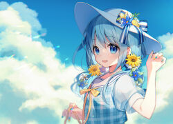 1girl :d blue_eyes blue_hair blue_nails blue_sky cloud commentary_request day dress flower hair_flower hair_ornament hat long_hair looking_at_viewer nail_polish open_mouth original outdoors plaid sailor_collar see-through_clothes see-through_sleeves short_sleeves sky smile solo suimya sun_hat sunflower upper_body white_hat white_sailor_collar yellow_flower