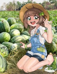 1girl animal bee bike_shorts blue_nails bracelet brown_hair brown_hat bug collared_shirt field fingernails fingerprint food freckles frog fruit girutea green_eyes green_footwear green_nails hair_ornament hairclip hat heart highres indie_virtual_youtuber insect jewelry kneeling lily_hopkins long_hair looking_at_viewer multicolored_nails nail_art nail_polish no_socks open_mouth outdoors overalls photo_background photoshop_(medium) red_nails shiny_skin shirt smile solo strap_slip sweat teeth tongue tree upper_teeth_only virtual_youtuber watermelon wet wet_clothes white_shirt