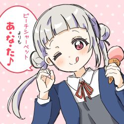 Rule 34 | 1girl, ;), ;q, ai scream! (love live!), arashi chisato, arched bangs, blue jacket, blush, collared shirt, commentary, double bun, dress, dress shirt, eighth note, food, grey dress, grey hair, hair bun, highres, holding, holding food, holding ice cream, holding ice cream cone, ice cream, ice cream cone, jacket, long hair, looking at viewer, love live!, love live! superstar!!, lyrics, musical note, neck ribbon, one eye closed, open clothes, open jacket, parody, pinafore dress, pink background, pink eyes, polka dot, polka dot background, red ribbon, ribbon, shirt, sleeveless, sleeveless dress, smile, soha 4240, solo, speech bubble, spoken musical note, tongue, tongue out, translation request, twintails, upper body, white shirt
