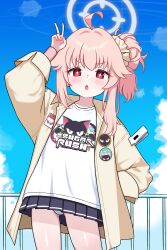 1girl absurdres ahoge black_skirt blue_archive blush commentary hair_bun halo highres natsu_(band)_(blue_archive) natsu_(blue_archive) paid_reward_available panties pantyshot pink_hair pleated_skirt red_eyes shirt skirt solo underwear v white_panties white_shirt zing_(z_z_zing)