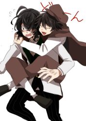 2boys ^_^ ahoge black_hair black_pants black_shoes blush brown_cape brown_eyes brown_hat brown_pants bungou_stray_dogs cape closed_eyes edgar_allan_poe_(bungou_stray_dogs) edogawa_ranpo_(bungou_stray_dogs) flying_sweatdrops hair_between_eyes hair_over_one_eye hat highres hug jacket long_sleeves male_focus messy_hair multiple_boys open_mouth pants piiiiisuke2525 pinstripe_pants pinstripe_pattern shirt shoes short_hair simple_background smile striped_clothes striped_pants surprised third-party_source vertical-striped_clothes vertical-striped_pants vest white_background white_jacket white_shirt