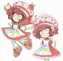 1girl :d \o/ ankle_boots apron arms_behind_back arms_up artist_name back_ribbon boots brown_boots brown_hair chromatic_aberration closed_mouth commentary cowboy_shot dress english_commentary food_print freckles frilled_sleeves frills fruit_print full_body green_eyes green_pantyhose green_ribbon grin hat linterteatime long_sleeves looking_ahead looking_at_viewer medium_dress multiple_views open_mouth outstretched_arms pantyhose pink_hat puffy_long_sleeves puffy_sleeves red_dress ribbon short_hair simple_background smile standing standing_on_one_leg strawberry_hat_ornament strawberry_print strawberry_shortcake_(1980s) strawberry_shortcake_(character) strawberry_shortcake_(series) striped_clothes striped_pantyhose turtleneck turtleneck_dress two-tone_pantyhose white_apron white_background white_pantyhose