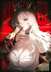 1girl absurdres arm_strap bare_shoulders black_choker black_horns breasts character_name choker collarbone commentary curled_horns english_text grey_hair hair_between_eyes hand_up hashtag-only_commentary highres horns jeze large_breasts long_hair looking_at_viewer necktie necktie_around_wrists parted_lips red_eyes red_necktie shirt solo sweat torn_clothes torn_shirt upper_body white_shirt wuthering_waves zani_(wuthering_waves)