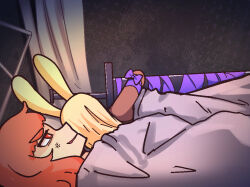 Rule 34 | 2girls, 500 dollar four foot tall mareep (meme), anger vein, animal ears, bed, blonde hair, boopy (datboopy), bow, commentary, dancer rabbit, dark-skinned female, dark skin, english commentary, false smile, greatsword, heavyblade rabbit, indoors, long hair, meme, multiple girls, open mouth, orange hair, purple bow, rabbit and steel, rabbit ears, rabbit girl, red eyes, shaded face, short hair, smile, sword, under covers, upper body, weapon