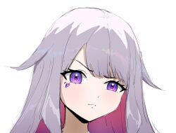 1girl closed_mouth colored_inner_hair daydarion gem gradient_hair grey_hair highres hololive hololive_english jewel_under_eye koseki_bijou long_hair looking_at_viewer multicolored_hair pink_hair purple_eyes purple_gemstone raised_eyebrow simple_background solo virtual_youtuber white_background