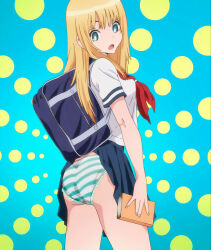 1girl absurdres anime_screenshot ass ass_focus bag bag_behind_back blonde_hair blue_bag blue_skirt book breasts clothes_lift dot_nose female_focus green_eyes highres kyou_no_asuka_show kyouno_asuka legs long_hair miniskirt open_mouth panties pleated_skirt school_bag school_uniform serafuku short_sleeves skirt skirt_lift small_penis solo solo_focus striped_clothes striped_panties thighs underwear white_serafuku