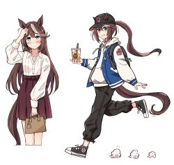 1girl alternate_costume animal_ears bag baseball_cap black_hat black_pants black_shoes blue_eyes blue_jacket brown_hair brown_skirt collared_shirt cropped_legs dress_shirt drink ears_through_headwear grin hair_down handbag hat highres hood hooded_sweater horse_ears horse_girl horse_tail ido_(teketeke) jacket letterman_jacket long_hair looking_up multicolored_hair multicolored_shoes multiple_views pants running shirt shoes simple_background skirt smile sneakers streaked_hair sweater tail tokai_teio_(umamusume) two-tone_shoes umamusume white_background white_hair white_shirt white_shoes white_sweater