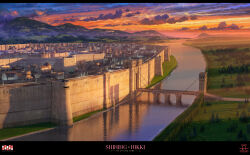 3d arsenixc battlement bridge building cityscape cloud cloudy_sky commentary commentary_request copyright_name defensive_wall drawbridge english_commentary european_architecture fir_tree fog forest highres hill landscape light_rays medieval military_vehicle mixed-language_commentary motor_vehicle nature nikki_(series) no_humans official_art orange_sky purple_sky reflection reflective_water river road scenery sentry shadow shining_nikki sky stone_wall sunbeam sunlight sunrise tank tank_turret tower town tree wall_lamp water