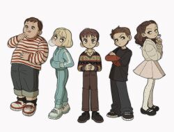 2girls 3boys augustus_gloop blonde_hair brown_hair charlie_and_the_chocolate_factory charlie_bucket chewing_gum child collared_shirt commentary crossed_arms fat fat_man fingernails highres kumao_(uexxww) long_sleeves mary_janes mike_teavee multiple_boys multiple_girls pants shirt shoelaces shoes sneakers striped_clothes striped_shirt symbol-only_commentary tim_burton tongue tongue_out veruca_salt violet_beauregarde warner_bros. white_background