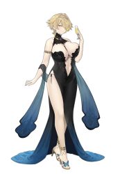 1girl absurdres alternate_costume bare_shoulders black_dress blonde_hair breasts cleavage closed_mouth collarbone commentary cup dress earrings english_commentary ever_frost full_body girls&#039;_frontline girls&#039;_frontline_2:_exilium gold_armlet gold_shoes hair_between_eyes hair_intakes hair_over_one_eye high_heels highres holding holding_cup jewelry large_breasts legs looking_at_viewer mole mole_on_breast navel nikketa_(girls&#039;_frontline_2) panties panty_straps shoes short_hair side-tie_panties side_slit sidelocks simple_background skindentation smile solo standing thighs toenails toes underwear vsk-94_(girls&#039;_frontline) vsk-94_(night_on_the_silver_bay)_(girls&#039;_frontline) white_background