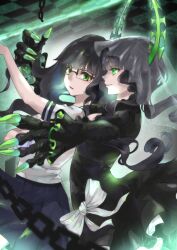 2girls black_dress black_hair black_rock_shooter bridal_veil chain dead_master dress dual_persona glasses green_eyes green_horns highres horns karin_(yutchinyutchin1) medium_hair multiple_girls pleated_skirt school_uniform skeletal_hand skirt takanashi_yomi veil