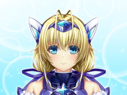 1girl antenna_hair bare_shoulders blonde_hair blue_background blue_eyes exs-tia_spica gem hair_ribbon headgear katsuragi_shiori kouyoku_senki_exs-tia kozu_rokuta long_hair looking_at_viewer low_twintails purple_ribbon ribbon smile solo star_(symbol) twintails