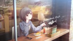 1girl ano_hi_kanadeta_neiro_wo_(project_sekai) brown_eyes brown_hair chair colorful_palette couch drink drinking_straw fork frilled_shirt frills game_cg glass grey_shirt highres ice ice_cube long_sleeves official_art phone plate project_sekai puffy_long_sleeves puffy_sleeves shinonome_ena shirt sitting solo table third-party_source window