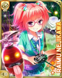 1girl asymmetrical_legwear bed_sheet belt blue_bow bow cardigan character_name clenched_teeth controller drone female_focus girlfriend_(kari) glasses grave hair_ornament japanese_text leaves looking_at_viewer medium_hair mismatched_legwear nejikawa_raimu night official_art pink_belt pink_hair pocket purple_eyes qp:flapper robot roller_skates shoes skates smile sneakers solo standing tagme teeth tongue toolbox tools traditional_youkai twintails yellow_eyes