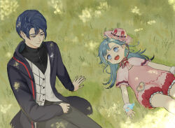 1boy 1girl aeon_(shining_nikki) age_difference animal_ear_headwear animal_ears argyle_clothes argyle_vest black_pants black_shirt blue_butterfly blue_coat blue_eyes blue_hair blue_pupils bow bowtie brother_and_sister bug butterfly butterfly_on_hand buttons capelet child clenched_hand closed_mouth coat dot_nose dress_pants fake_animal_ears feet_out_of_frame fingernails frilled_headwear fur_wrist_cuffs grass hair_between_eyes hair_spread_out hand_on_lap happy hat heart heart_print height_difference hood hood_down hooded_coat insect kohanai_setsuna long_sleeves looking_at_another lying marina_(shining_nikki) mini_hat nikki_(series) on_back on_grass open_mouth pants parted_bangs pink_bow pink_bowtie pink_capelet pink_hat pink_romper pink_shirt pointy_nose rabbit_ears red_bow red_bowtie shade shining_nikki shirt short_hair siblings single_stripe sitting smile striped_bow striped_bowtie striped_clothes teeth turtleneck turtleneck_shirt upper_teeth_only vest white_vest white_wrist_cuffs wrist_cuffs zipper