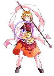 1girl alphes_(style) animal_print bishamonten&#039;s_pagoda black_hair black_ribbon black_shoes blonde_hair commentary_request dairi dress frills full_body hagoromo hair_ornament highres holding holding_polearm holding_weapon large_variant_set legs_apart loafers long_sleeves multicolored_hair o-ring over_shoulder pants pants_under_dress parody polearm ribbon shawl shoes short_hair socks solo spear standing streaked_hair style_parody tachi-e tiger_print toramaru_shou touhou transparent_background two-tone_hair variant_set weapon weapon_over_shoulder white_pants white_socks wide_sleeves