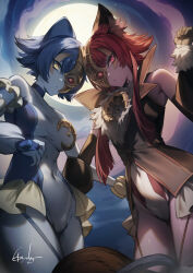 2girls animal_ear_fluff animal_ears bare_shoulders black_vest blue_hair blue_leotard cat_ears cat_girl character_request cowboy_shot duel_monster full_moon genyaky half_mask highres leotard long_hair mask moon multiple_girls red_eyes red_hair red_leotard short_hair signature vest white_leotard yu-gi-oh!