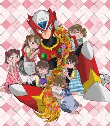 1boy 6+girls armor blonde_hair braid brown_hair chest_jewel child forehead_jewel group_picture helmet highres long_hair mega_man_(series) mega_man_x_(series) multiple_girls natsumi_6021 pink_background red_armor red_helmet simple_background zero_(mega_man)