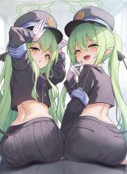 2girls ass ass_focus black_skirt blue_archive blush chinese_commentary commentary_request crop_top fang from_behind gloves green_hair hair_between_eyes hat highres hikari_(blue_archive) holding long_hair long_sleeves looking_at_viewer looking_back milkshakework multiple_girls nozomi_(blue_archive) open_mouth pointy_ears ponytail sitting skirt traditional_chinese_commentary variant_set very_long_hair white_gloves yellow_eyes