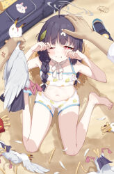 1boy 1girl absurdres ahoge anger_vein animal animal_abuse bare_arms bare_shoulders barefoot beach bikini bird black_footwear black_hair blue_archive braid brown_headwear cameltoe collarbone commentary_request crocs crossed_bandaids crying crying_with_eyes_open food french_fries hair_over_shoulder halo hands_up hat hat_on_back headpat highres holding holding_animal leaf leaf_on_head leaf_print loli long_hair low_twintails miyu_(blue_archive) miyu_(swimsuit)_(blue_archive) navel neps-l on_ground one_eye_closed print_bikini red_eyes sand seagull sensei_(blue_archive) signature solo_focus strangling straw_hat sweat swimsuit tears trembling twin_braids twintails white_bikini wiping_tears