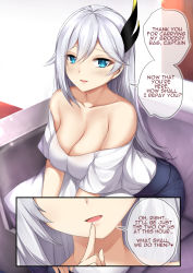 1girl bare_shoulders blue_eyes blue_pants breasts cecilia_schariac cleavage close-up collarbone comic commentary couch english_commentary english_text female_focus finger_to_mouth hair_between_eyes hair_flaps hair_ornament highres holding holding_pillow honkai_(series) honkai_impact_3rd indoors long_hair looking_at_viewer medium_breasts netorare open_mouth pants pillow sheita shirt silver_hair sitting solo swept_bangs white_shirt