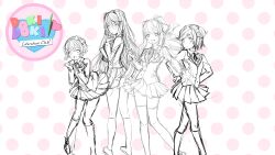 4girls :d :t annoyed arm_under_breasts blazer blush book bow breasts buttons collared_shirt commentary contrapposto copyright_name curled_fingers doki_doki_literature_club doki_doki_literature_club_plus doki_doki_literature_club_school_uniform dot_nose double-parted_bangs dress_shirt embarrassed english_commentary excited eyebrows_hidden_by_hair feet_out_of_frame fingernails from_side furrowed_brow game_cg greyscale_with_colored_background grin hair_between_eyes hair_bow hair_intakes hair_ornament hair_ribbon hairclip half-closed_eyes hand_on_own_chin hands_on_own_hips high_ponytail highres holding holding_book holding_pen impossible_clothes jacket kneehighs large_bow leaning_forward logo long_eyelashes long_hair long_sidelocks long_sleeves looking_at_viewer looking_to_the_side medium_breasts miniskirt monika_(doki_doki_literature_club) multiple_girls natsuki_(doki_doki_literature_club) neck_ribbon nervous non-web_source official_art open_clothes open_hand open_jacket open_mouth outstretched_arm parted_bangs parted_hair parted_lips pen pleated_skirt polka_dot polka_dot_background ponytail production_art raised_eyebrows ribbon satchely sayori_(doki_doki_literature_club) school_uniform shirt shoes short_hair shy sidelocks sketch skirt small_breasts smile socks standing straight-on sweater_vest tareme teeth thick_eyelashes thighhighs thighs two_side_up unfinished upper_teeth_only v-neck v-shaped_eyebrows very_long_hair walking wavy_hair white_background wide-eyed wing_collar x_hair_ornament yuri_(doki_doki_literature_club) zettai_ryouiki